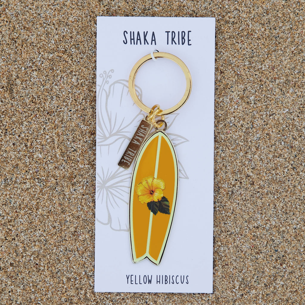 Happiness - Yellow Hibiscus Surfboard Keychain